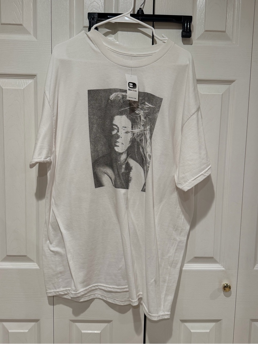 Buckle White Graphic Tee with Monochrome Portrait